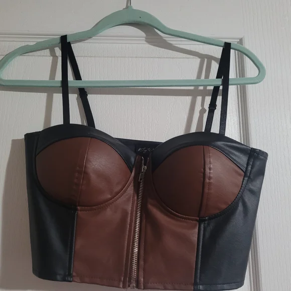 Say What? Brown And Black Bustier Crop Top Faux Leather - Picture 2 of 6